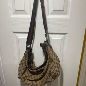 Gucci Tan and Brown Shoulder Bag with Green and Red Strap
